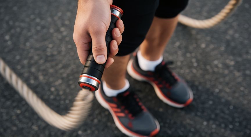 es mejor correr o saltar la cuerda para bajar de peso, Detalle de manos sujetando una cuerda saltarina en movimiento durante el ejercicio