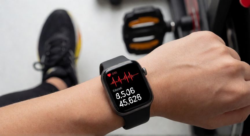 es mejor correr o spinning, Smartwatch midiendo pulsaciones y calorías en ejercicio de cardio