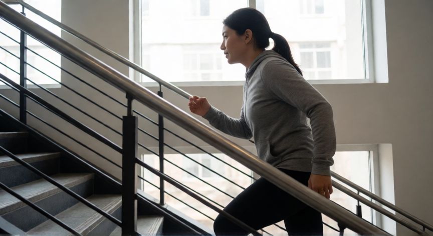 es mejor correr o subir escaleras, Persona subiendo escaleras trabajando la fuerza de piernas y glúteos