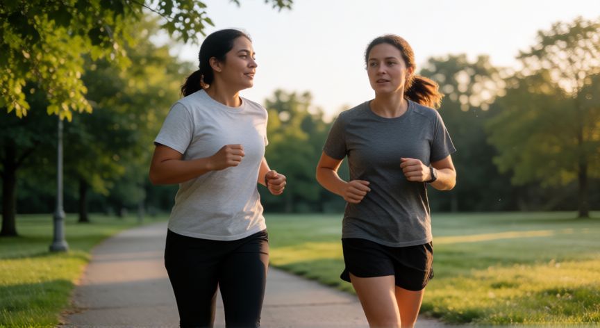 es mejor correr o trotar, Dos personas trotando por un parque en la mañana con luz dorada