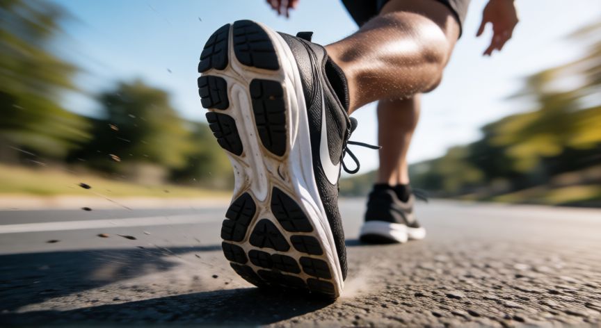 es mejor correr o trotar, Primer plano de zapatillas de correr impactando el asfalto a alta velocidad