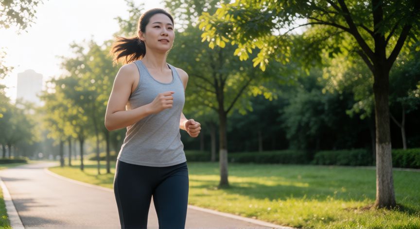 es mejor correr o trotar para bajar de peso, Mujer trotando por un parque con sol matutino