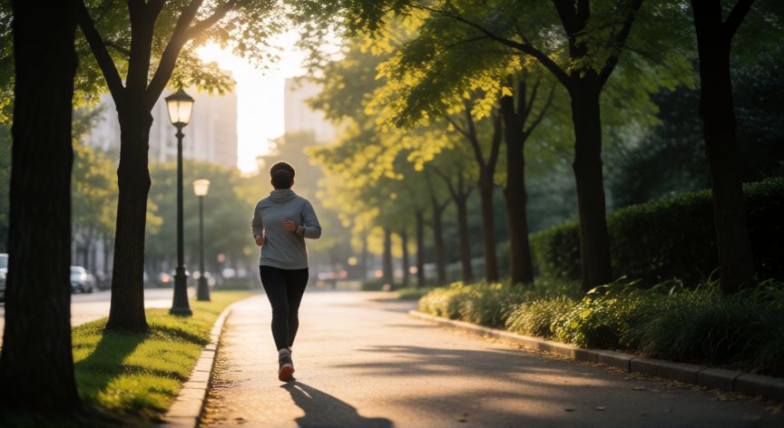 es mejor correr o'hacer ejercicio en casa, Persona corriendo en un parque urbano al atardecer disfrutando del aire libre