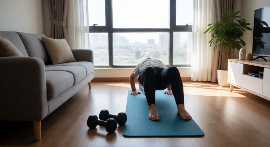 es mejor correr o'hacer ejercicio en casa, Persona realizando ejercicio de fuerza en casa con material mínimo junto a una ventana