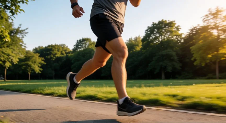 Hombre corriendo en un parque al atardecer haciendo ejercicio