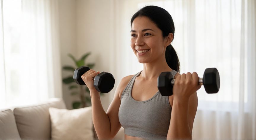 es mejor correr para bajar de peso, Mujer haciendo ejercicio de fuerza con mancuernas en casa