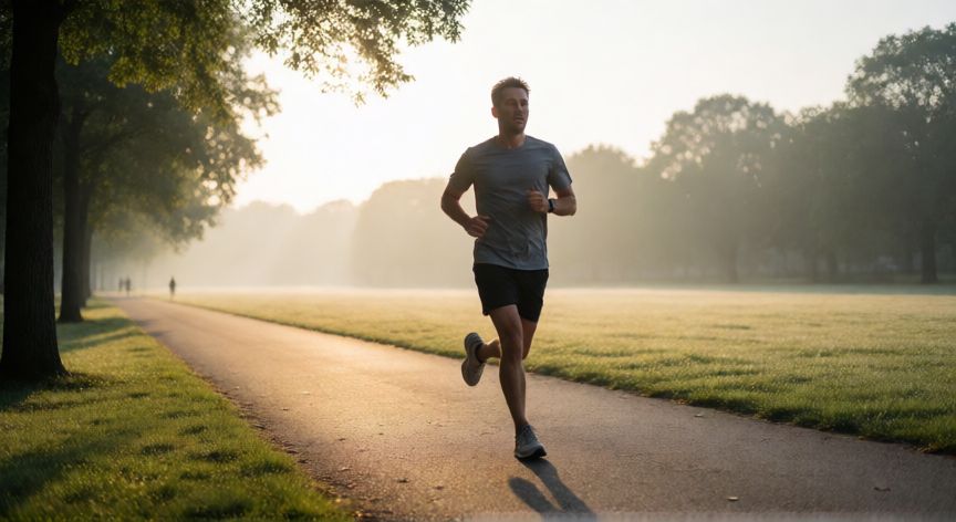 es mejor correr por la mañana o por la tarde, Corredor trotando por un parque al amanecer con luz dorada