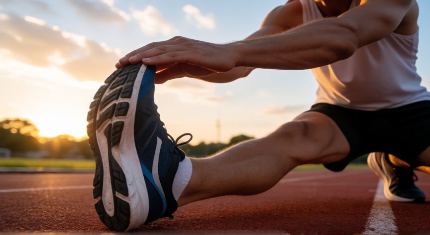 es mejor correr por la mañana o por la tarde, Atleta estirando sus piernas en una pista de atletismo al atardecer