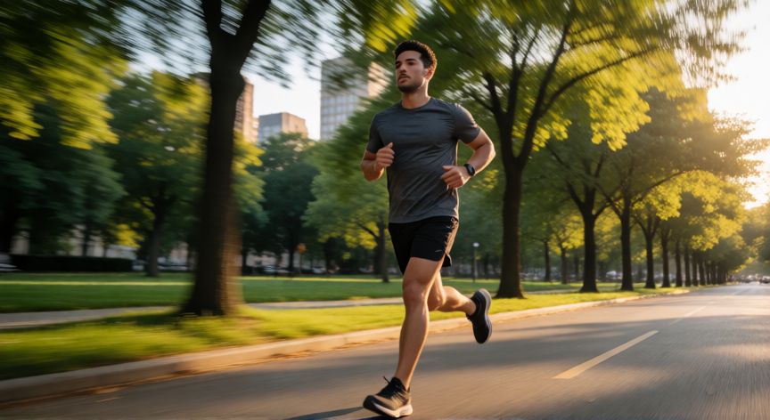 es mejor correr por tiempo o por distancia, Corredor midiendo su tiempo de carrera en un parque urbano con luz dorada