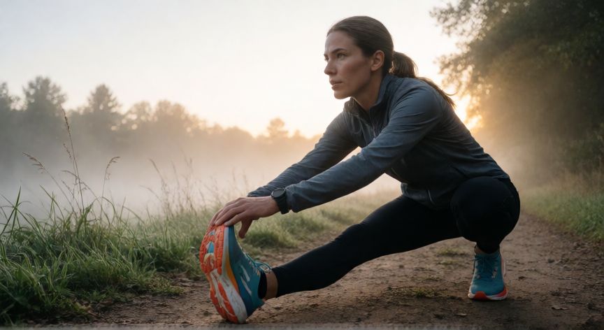 es mejor correr por tiempo o por distancia, Atleta preparándose para una carrera de larga distancia al amanecer en un sendero