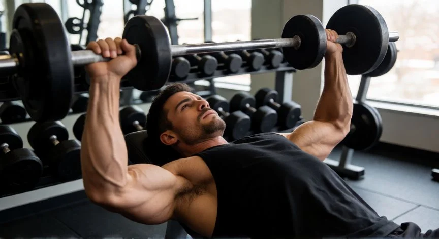 Atleta realizando ejercicios de fuerza con pesas en un gimnasio moderno