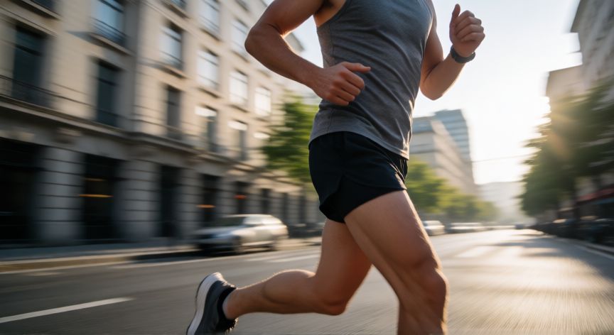 es mejor correr primero o hacer pesas, Corredor entrenando en una calle urbana al amanecer con ropa deportiva