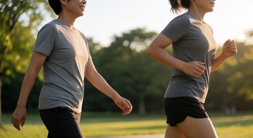 es mejor correr que caminar, Persona caminando y otra corriendo en un parque al atardecer comparando esfuerzos