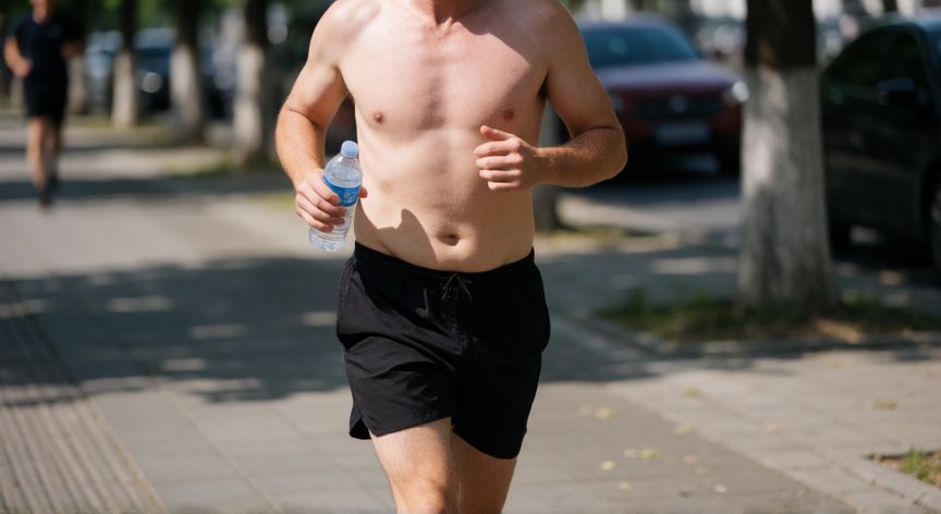 es mejor correr sin camiseta cuando hace calor, Hombre corriendo sin camiseta en un día caluroso por una calle urbana
