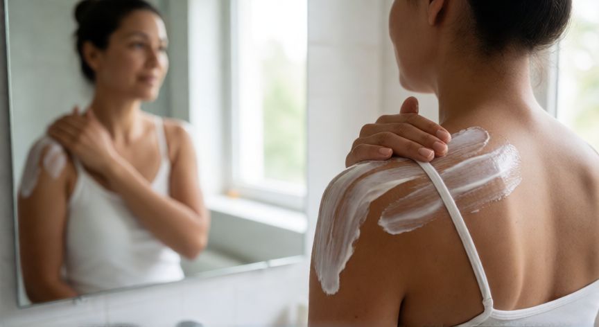 es mejor correr sin camiseta cuando hace calor, Mujer aplicándose protector solar en los hombros antes de salir a hacer ejercicio