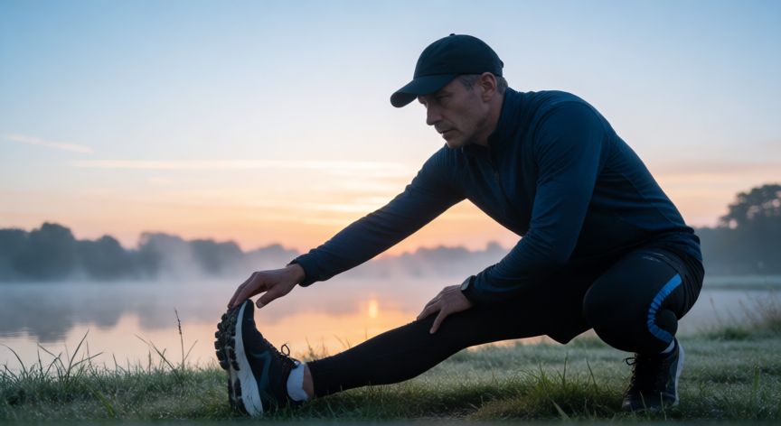es mejor correr sin desayunar, Corredor estirando al amanecer antes de salir a correr en ayunas