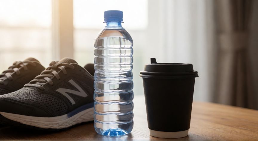 es mejor correr sin desayunar, Botella de agua y café negro listos para hidratar antes de la carrera en ayunas