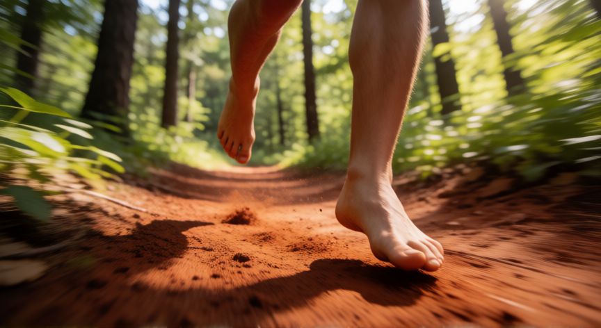 es mejor correr sin zapatos, Detalle de pies descalzos corriendo sobre tierra roja en el bosque