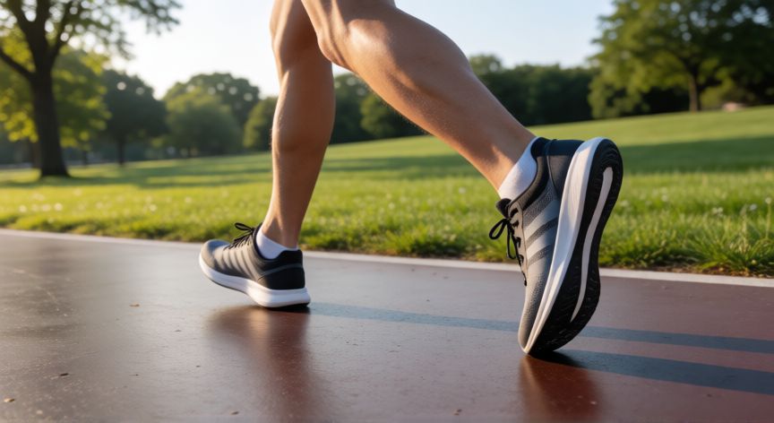 es mejor correr sin zapatos, Corredor con zapatillas minimalistas de suela fina en un parque