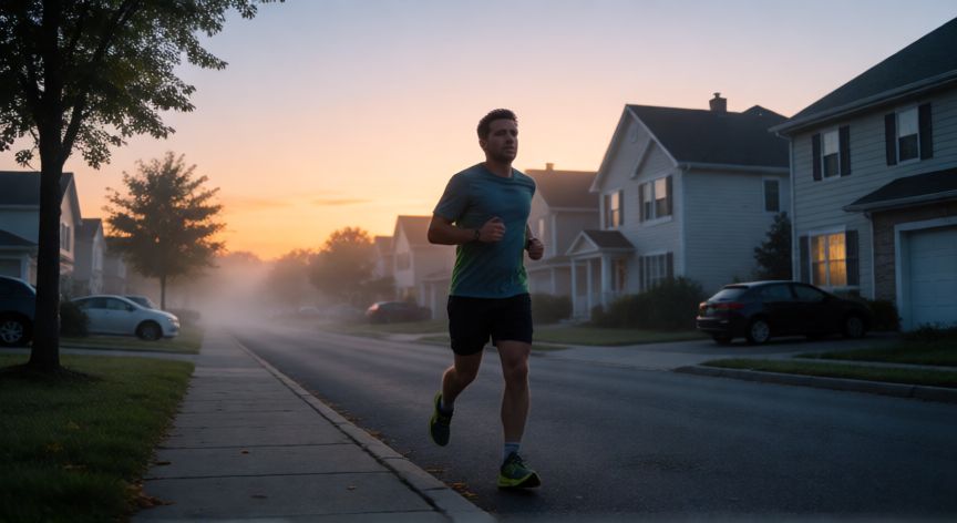 es mejor correr temprano o tarde, Corredor saliendo a entrenar al amanecer en una calle tranquila
