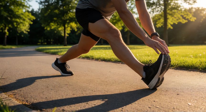 es mejor correr temprano o tarde, Atleta estirándose en un parque durante la luz dorada del atardecer