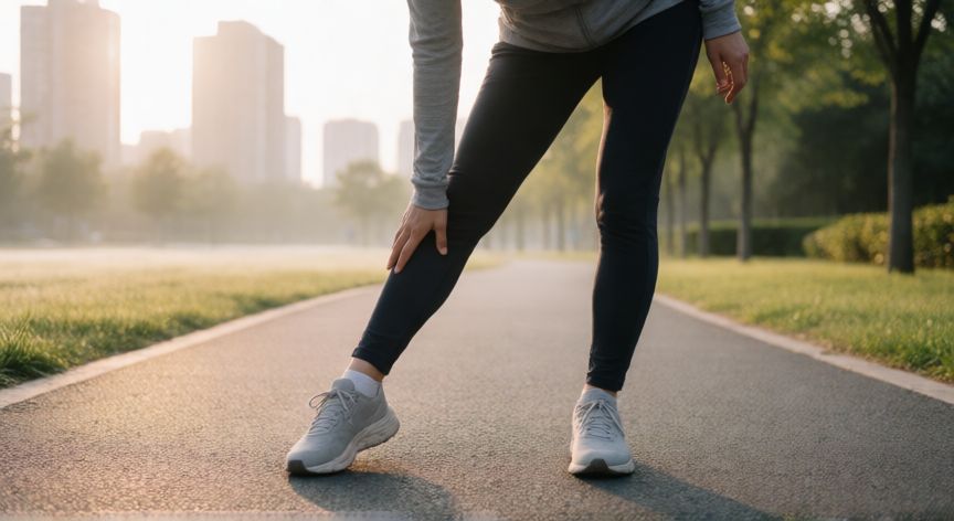 es mejor correr todos los dias o dia por medio, Corredor principiante estirando en un parque urbano al amanecer