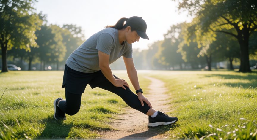 es mejor correr todos los dias o dias alternos, Corredor principiante estirándose en un parque durante el amanecer