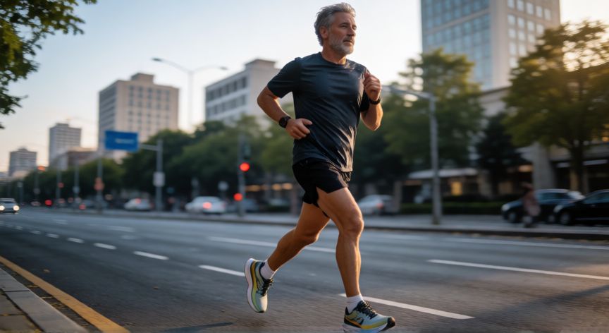 es mejor correr todos los dias o dias alternos, Corredor experimentado entrenando en la ciudad al amanecer
