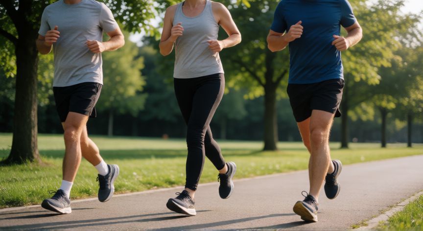 es mejor correr trotar o caminar, Personas caminando trotando y corriendo en un parque al aire libre