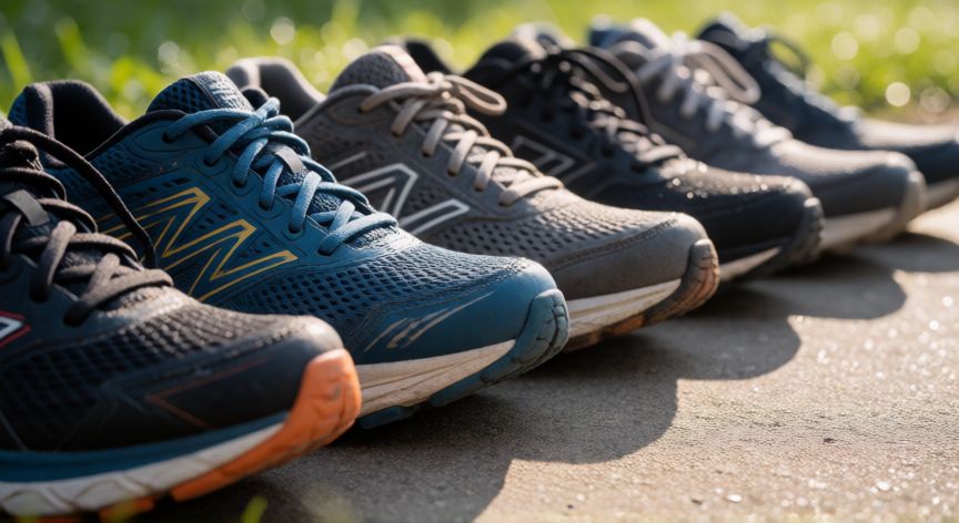 es mejor correr trotar o caminar, Zapatillas de correr y caminar alineadas mostrando el desgaste de la suela