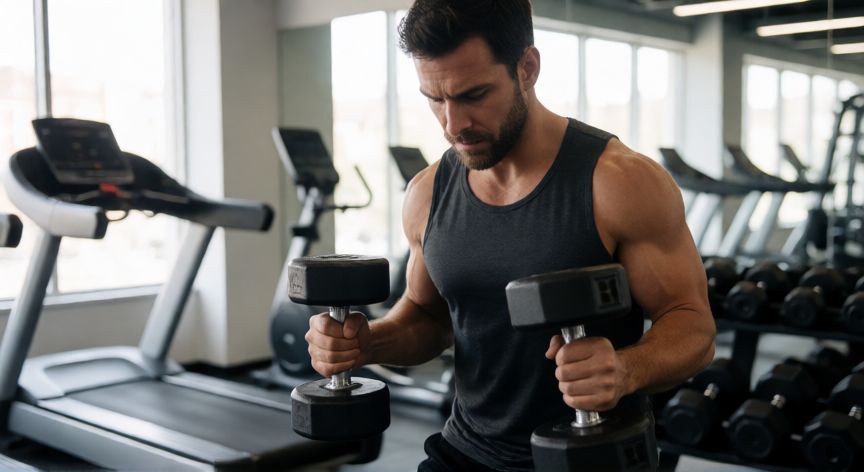 es mejor correr y luego hacer pesas, Atleta realizando pesas en el gimnasio con enfoque intenso