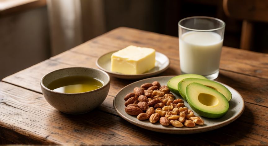 Comparación visual de grasa animal y vegetal con mantequilla, aceite de oliva, frutos secos y aguacate