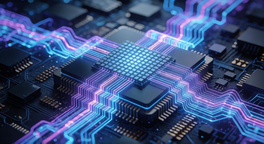 es mejor iphone 15 o 16e, Representación gráfica del chip A18 en el iPhone 16e con conexiones neuronales