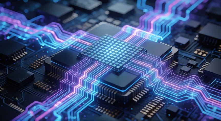 es mejor iphone 15 o 16e, Representación gráfica del chip A18 en el iPhone 16e con conexiones neuronales