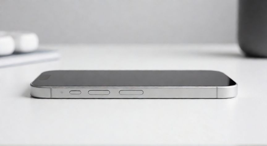 es mejor iphone 16 o 17, Vista lateral del iPhone 16 destacando el botón de acción sobre escritorio blanco