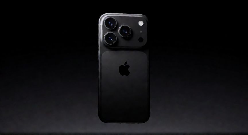 es mejor iphone 16 o 17, iPhone 17 negro flotando en un fondo oscuro con iluminación cinematográfica