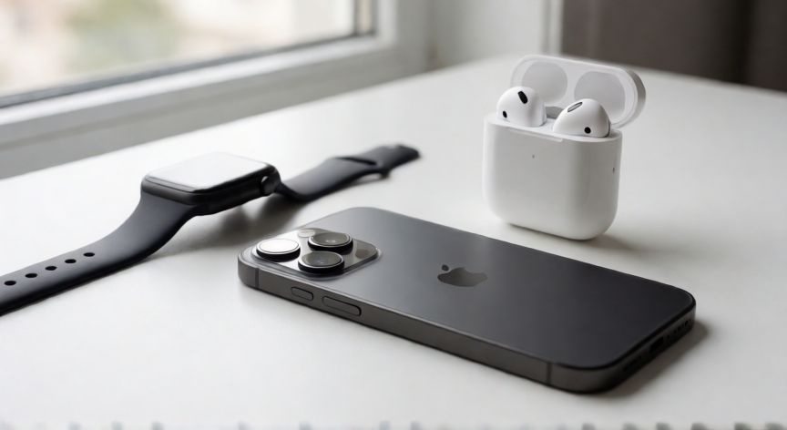 es mejor iphone que android, Ecosistema de dispositivos Apple con iPhone, Apple Watch y AirPods sobre un escritorio blanco