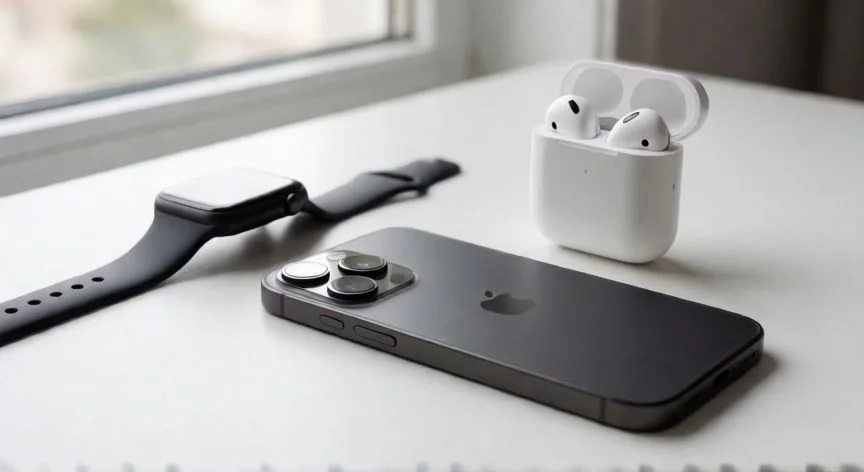 Ecosistema de dispositivos Apple con iPhone, Apple Watch y AirPods sobre un escritorio blanco