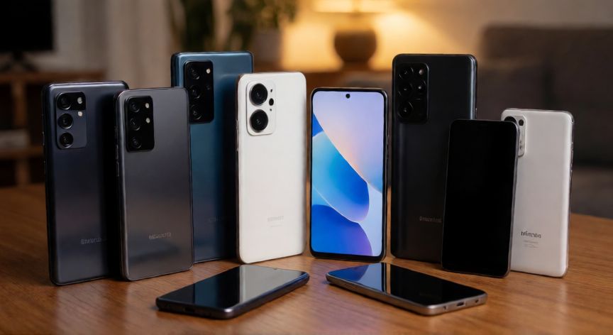 es mejor iphone que android, Varios teléfonos Android de diferentes marcas y tamaños dispuestos sobre una mesa de madera