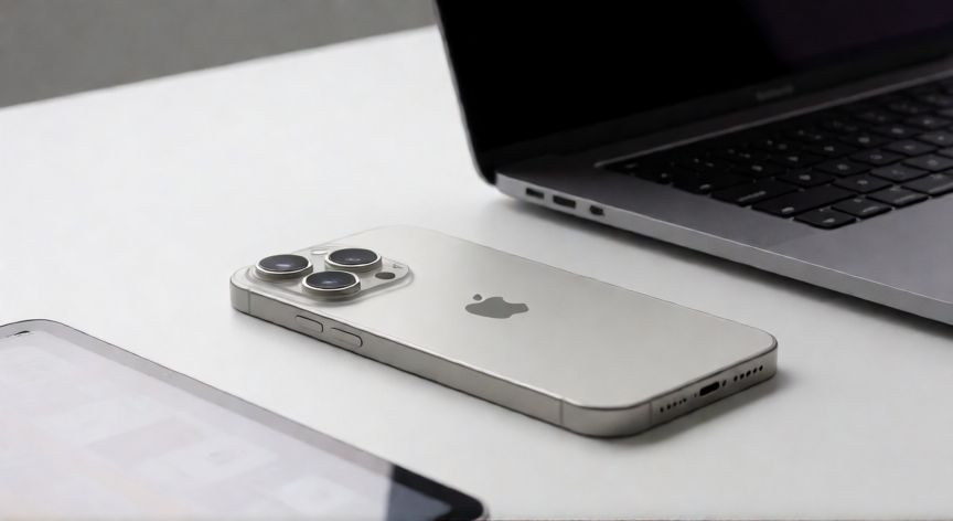es mejor iphone que samsung, iPhone Pro junto a otros dispositivos de Apple en un escritorio