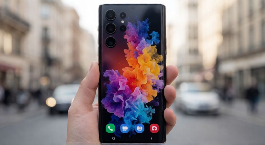 es mejor iphone que samsung, Samsung Galaxy S Ultra mostrando su pantalla curva y cámaras