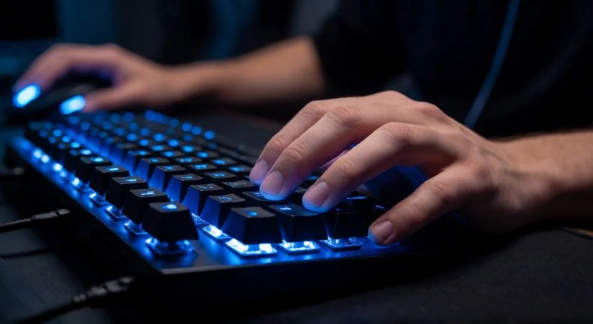 Manos de un jugador profesional sobre teclado y ratón con iluminación RGB