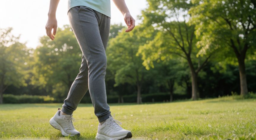 es mejor ir a andar antes o después de comer, Persona caminando por el parque después de comer para facilitar la digestión