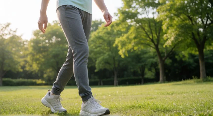 Persona caminando por el parque después de comer para facilitar la digestión