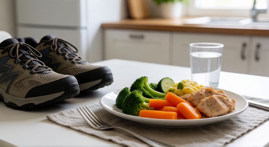es mejor ir a andar antes o después de comer, Comida saludable junto a zapatillas de caminar indicando la importancia del movimiento antes o después de comer