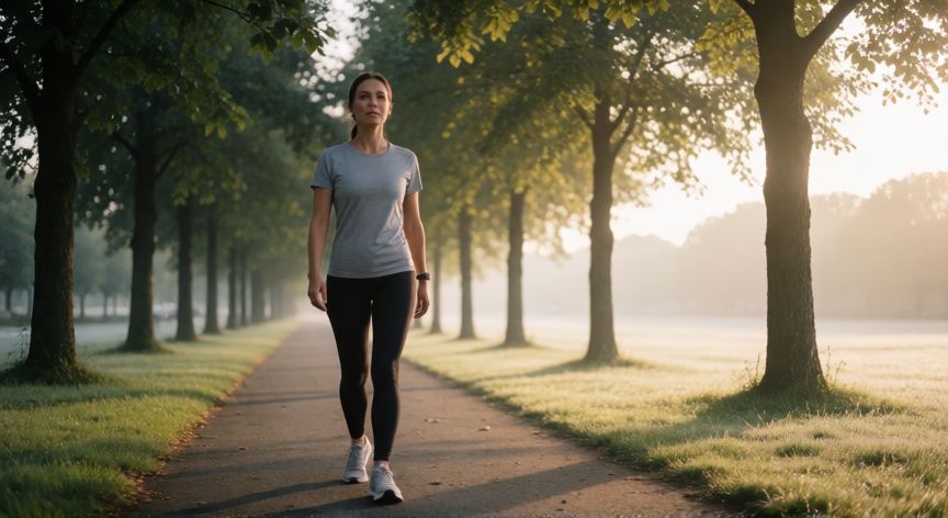 es mejor ir a andar antes o después de desayunar, Mujer caminando por un sendero en la mañana antes de desayunar