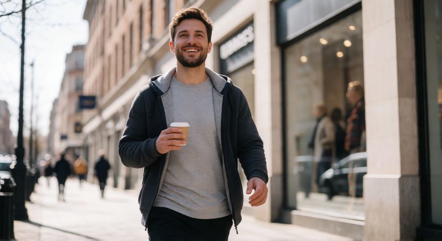 es mejor ir a andar antes o después de desayunar, Hombre caminando por la ciudad después de desayunar con una taza de café