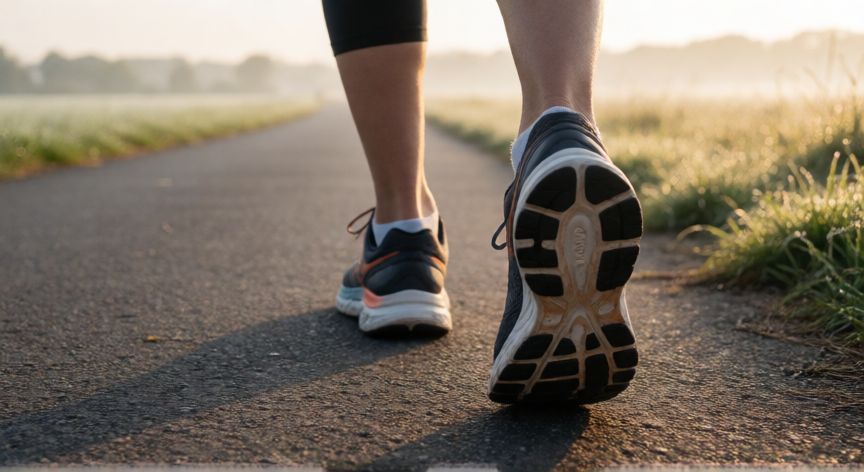 es mejor ir a correr antes o despues de comer, Zapatillas de correr sobre un camino al amanecer antes del desayuno