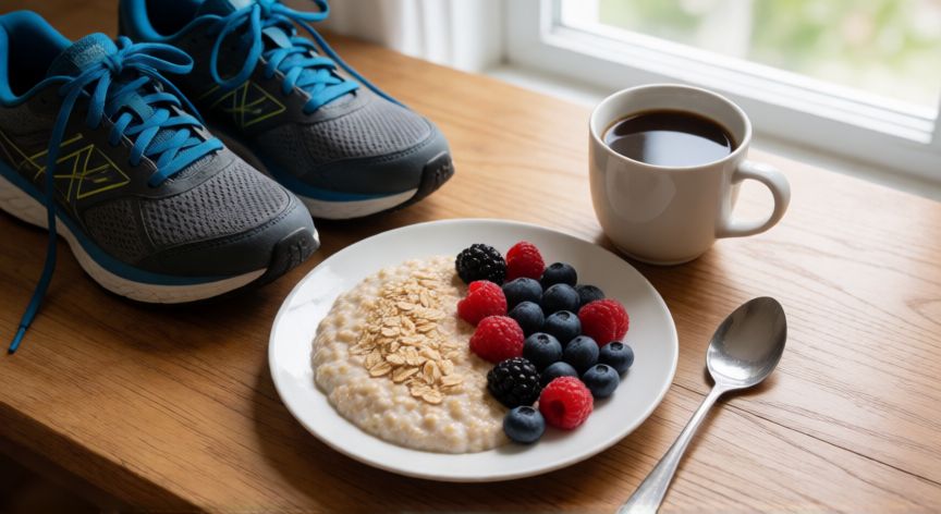 es mejor ir a correr antes o despues de comer, Desayuno sano con avena y café junto a zapatillas de deporte