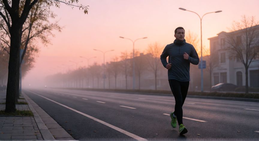 es mejor ir a correr antes o despues de desayunar, Corredor saliendo a entrenar al amanecer en la ciudad